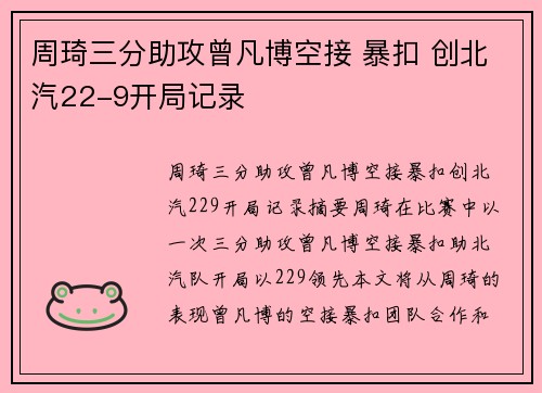 周琦三分助攻曾凡博空接 暴扣 创北汽22-9开局记录